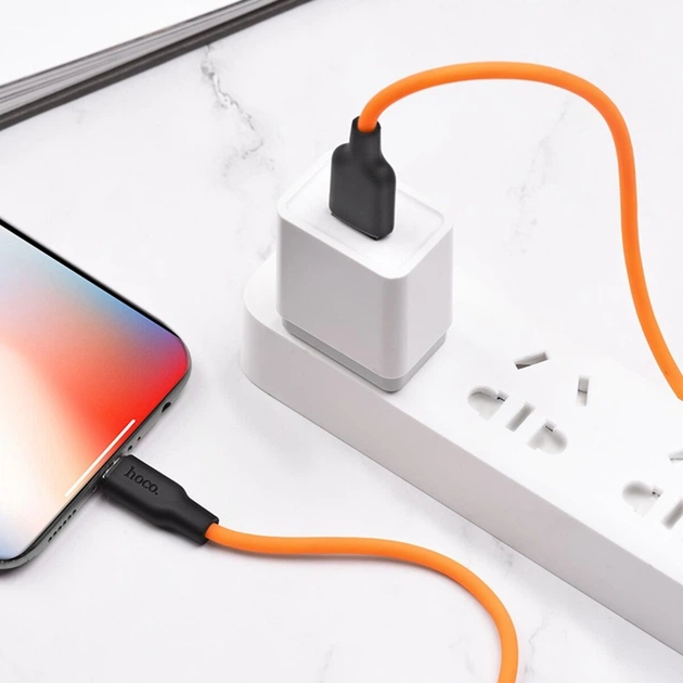 Кабель HOCO X21 Plus USB to iP 2.4A, 1m, silicone, silicone connectors, Black+Orange - изображение 3