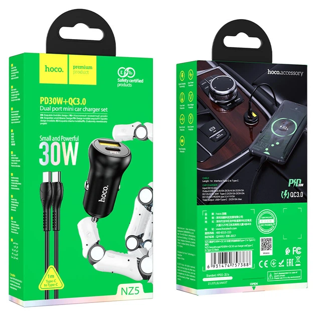 Зарядне автомобільне HOCO NZ5 Smooth road (PD 30W) (1USB/QC3.0/5A/30W) Type-C-Type-C Чорний - изображение 2