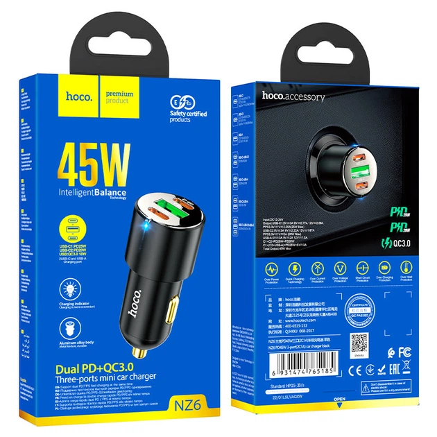 Автомобильное зарядное устройство Hoco NZ6 PD45W 3-port(2C1A) car charger Black - изображение 4