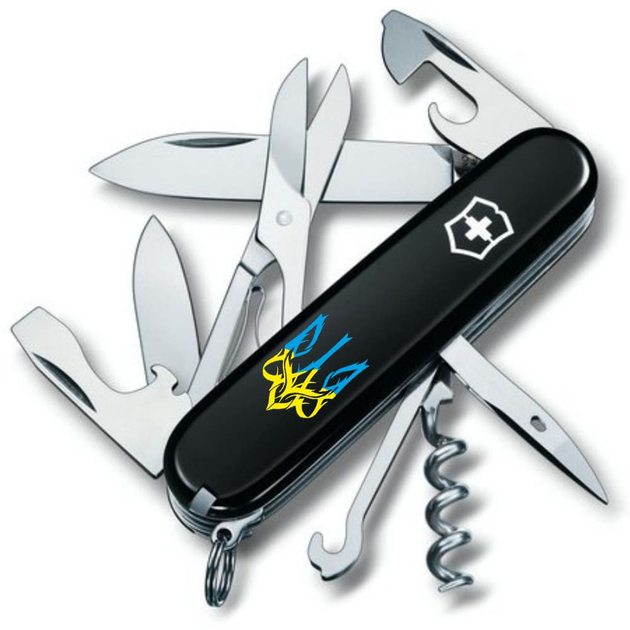 Ніж складаний швейцарський 91 мм/14 функцій Victorinox CLIMBER UKRAINE Чорний/Трезубець готичний синьо-жовтий - зображення 1