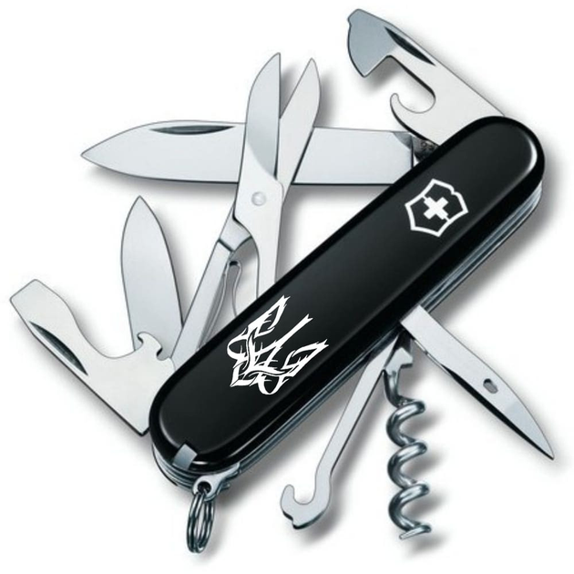 Ніж складаний швейцарський 91 мм/14 функцій Victorinox CLIMBER UKRAINE Чорний/Трезубець готичний білий - зображення 1