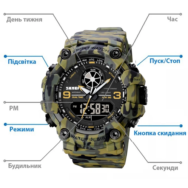 Чоловічий наручний годинник Skmei 1818 камуфляж мультикам - Фото 6 Чоловічий наручний годинник Skmei 1818 камуфляж мультикам - зображення 6