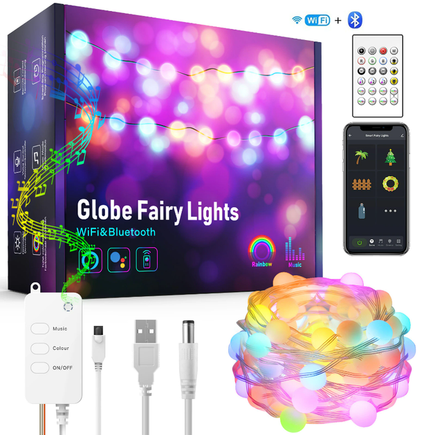 Розумна світлодіодна гірлянда Tuya WiFi 10 м. 66 ліхтариків, Fairy Lights новорічна смарт LED RGB для ялинки - Фото 1 Розумна світлодіодна гірлянда Tuya WiFi 10 м. 66 ліхтариків, Fairy Lights новорічна смарт LED RGB для ялинки - зображення 1
