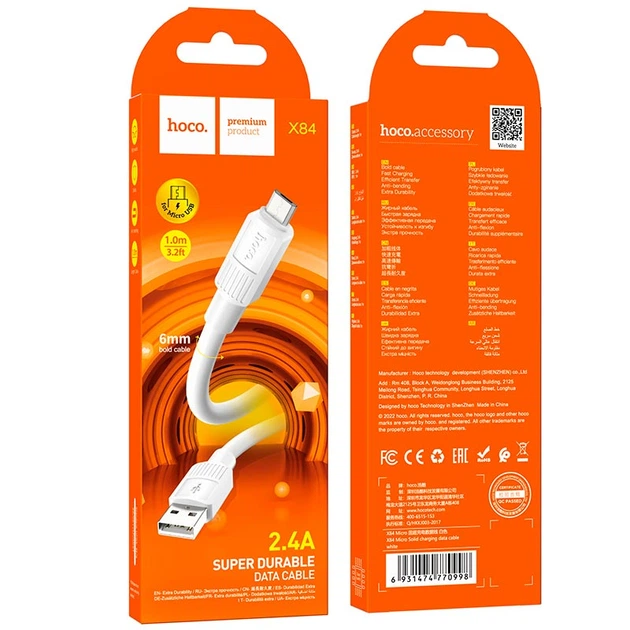 Кабель Hoco Micro USB Solid charging data cable X84 |1M, 2.4A| white - Фото 4 Кабель Hoco Micro USB Solid charging data cable X84 |1M, 2.4A| white - зображення 4