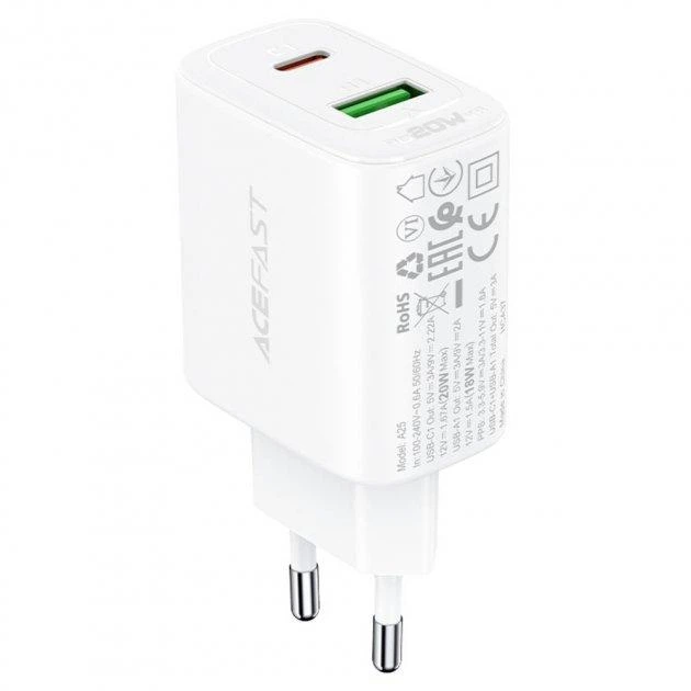 Сетевое зарядное устройство для быстрой зарядки ACEFAST A25 PD20W (Type-C+USB) Dual Port Charger White - изображение 4