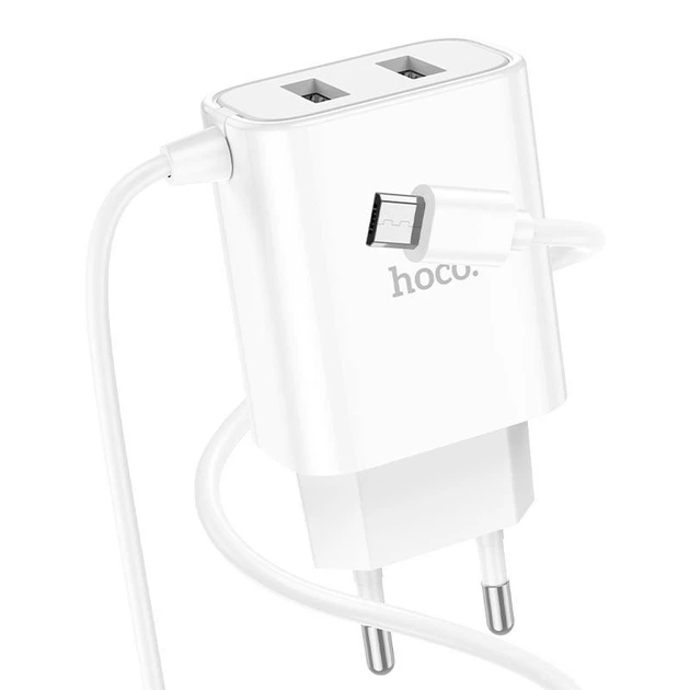 Зарядное устройство со встроенным кабелем Micro-USB Android HOCO C103A |2USB / 2.1A| Белый - Фото 1 Зарядное устройство со встроенным кабелем Micro-USB Android HOCO C103A |2USB / 2.1A| Белый - изображение 1