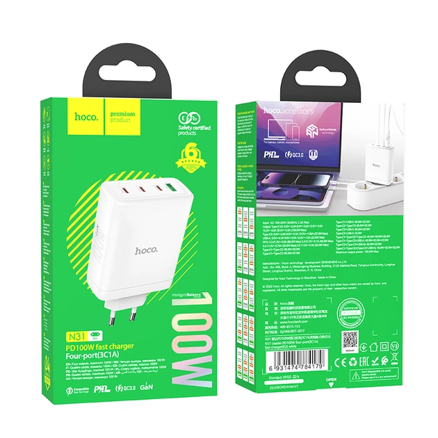 Сетевое зарядное устройство Hoco N31 Leader PD100W four-port (USB + 3USB-C) fast charger White - Фото 7 Сетевое зарядное устройство Hoco N31 Leader PD100W four-port (USB + 3USB-C) fast charger White - изображение 7