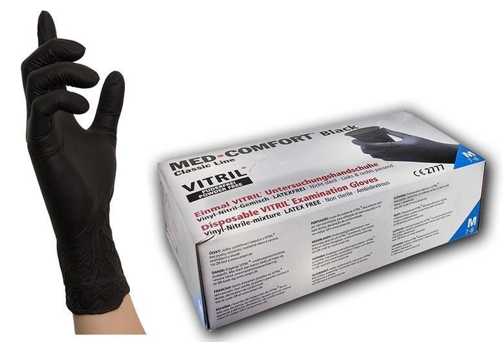 Рукавички Вінілові Синтетичні (Вітріл/Vitryl) AMPri Med Comfort, розмір M, (100 шт./50 пар) чорні - изображение 1