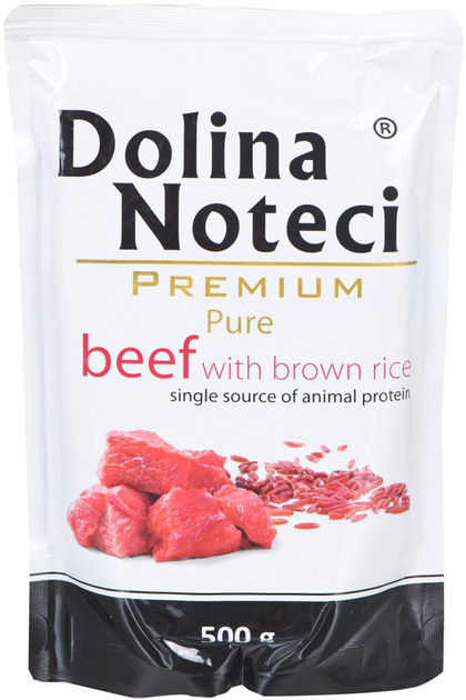 Mokra karma dla psów Dolina Noteci Premium Pure bogata w wołowinę z ryżem 500 g (5902921300939) - obraz 1