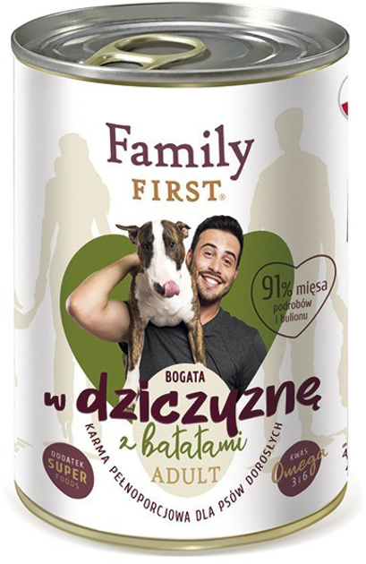 Mokra karma dla psów Family First adult Bogata w dziczyznę z batatami 400 g (5904479190406) - obraz 1