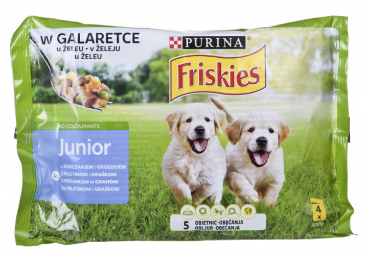 Mokra karma dla szczeniąt Purina Friskies Junior z kurczakiem i groszkiem 4 x 100 g (7613036213264) - obraz 1