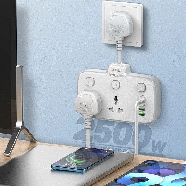 Сетевой удлинитель фильтр LDNIO SC2413 |2500W, 2M, 2 розетки, 3USB/1Type-C, 10A/20W, PD/QC| White - Фото 4 Сетевой удлинитель фильтр LDNIO SC2413 |2500W, 2M, 2 розетки, 3USB/1Type-C, 10A/20W, PD/QC| White - изображение 4