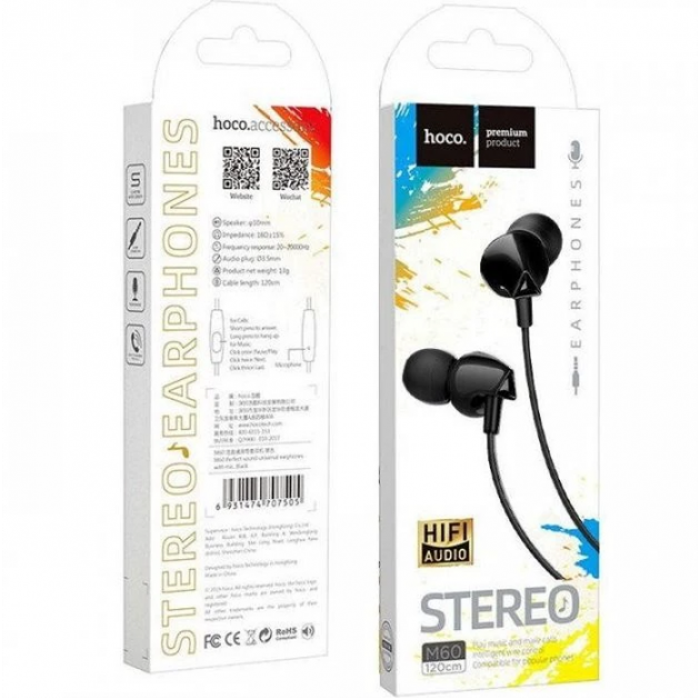 Проводные наушники вакуумные 3.5mm HOCO M60 Perfect Sound Universal с микрофоном 1.2m Чёрные - изображение 4