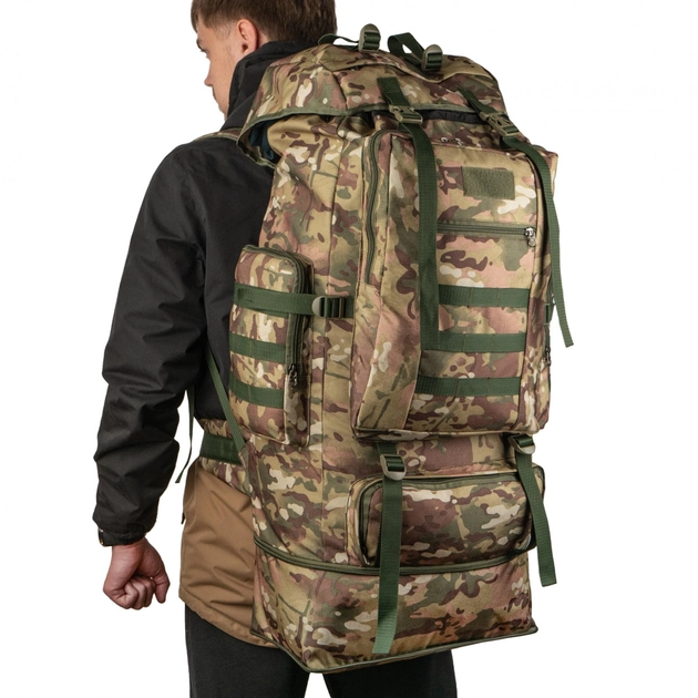 Большой тактический военный рюкзак, объем 80 литров, влагоотталкивающий и износостойкий. Цвет мультикам. Ткань Cordura 1000D. - изображение 1