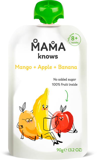 Упаковка пюре фруктового Mama knows Манго, Яблоко и Банан без сахара 90 г х 10 шт (4820016254541) 