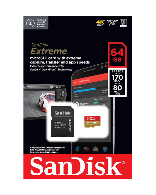 Карта пам'яті microSDXC SanDisk Extreme 64 ГБ Class 10 UHS-I U3 V30 A2 до 170 МБ/с з SD-адаптером - изображение 2