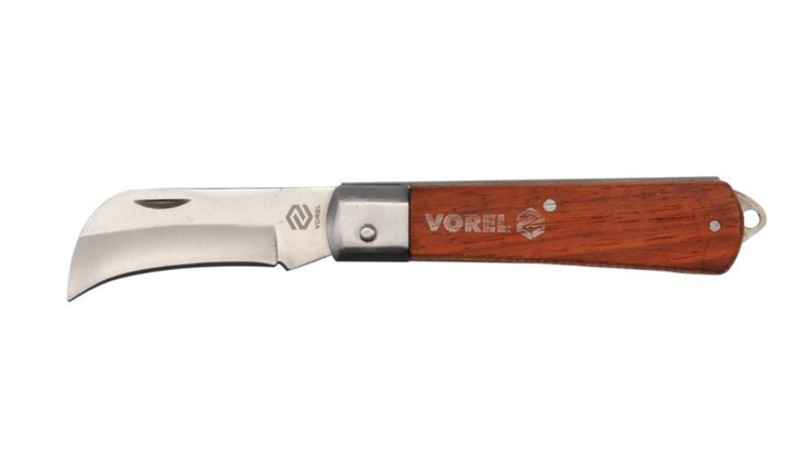 Ніж складаний загнуте лезо, дерев'яна ручка 195 мм, довжина леза 75 мм VOREL 76621 - зображення 1