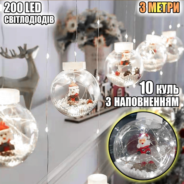 Светодиодная гирлянда-штора прозрачные шары Дед Мороз 10 шт Magnetic W1-3 метра и 200 LED, свет ламп-белый - изображение 2