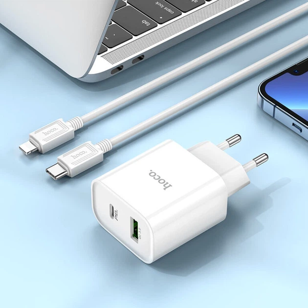 Мережевий зарядний пристрій з кабелем HOCO C80A Plus Rapido PD20W+QC3.0 charger set(C to iP) White (6931474779892) - зображення 8