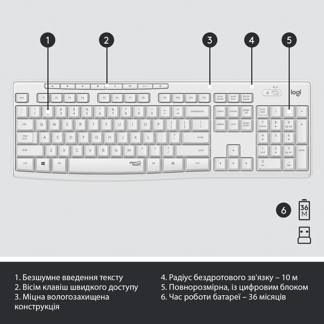 Комплект беспроводной Logitech MK295 Silent Wireless UA White (920-009824) - изображение 6