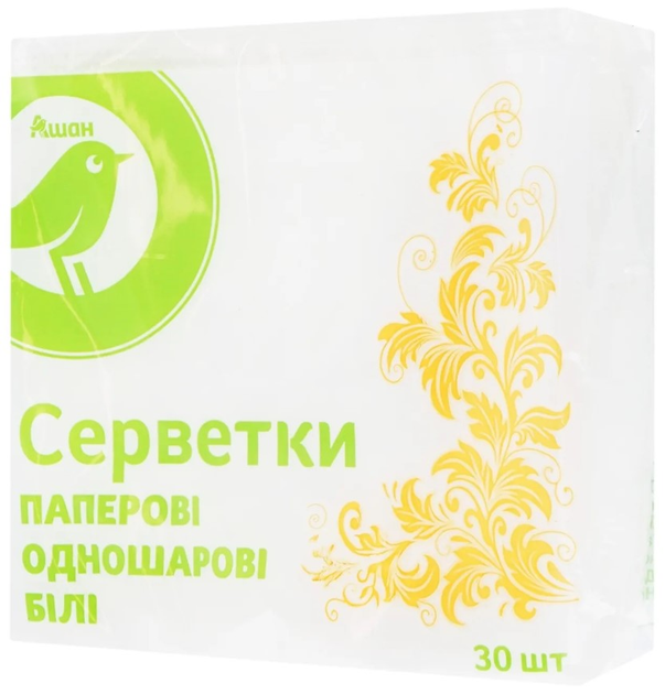 Салфетки бумажные однослойные белые Auchan, 24х24см, 30шт. от продавца ...