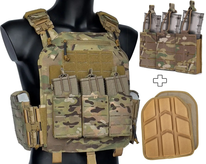 Плитоноска G-Force Military Plate Carrier - Multicam + Демпфер EVO Foam Pads + Потрійний підсумок для гвинтівкових магазинів АК - зображення 1