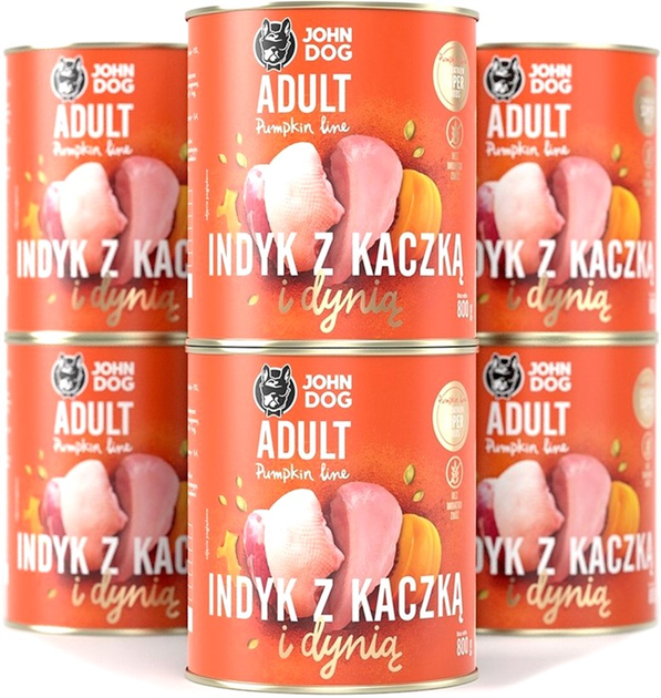 Mokra karma dla psów John Dog Pumpkin Adult Indyk z kaczką i dynią 6 x 800 g (5903769000890) - obraz 1