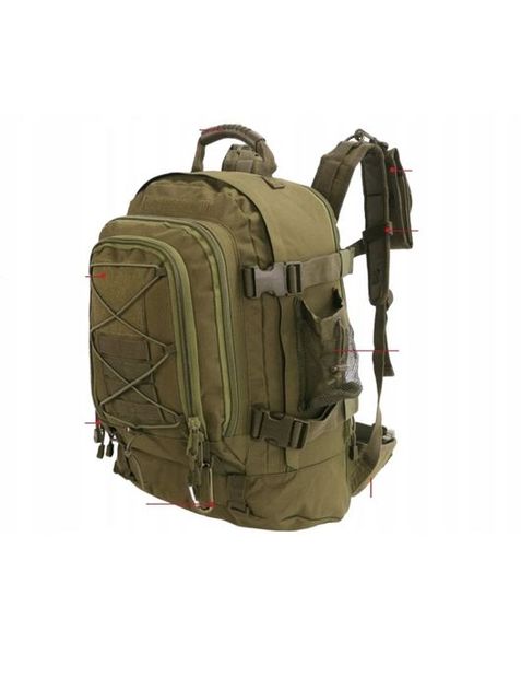 Профессиональный туристический рюкзак для походов и экспедиций с боковыми стяжками водонепроницаемый с карабинами из полиэстера оливковый - изображение 2