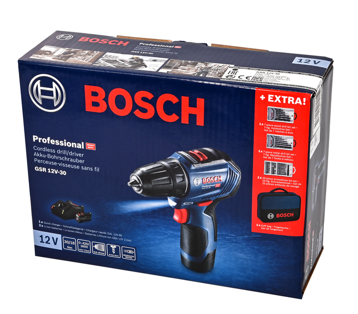 Професійний безщітковий акумуляторний дриль-шурупокрут Bosch GSR 12V-30 з набором аксесуарів Promo Set (06019G9001) - Фото 14 Професійний безщітковий акумуляторний дриль-шурупокрут Bosch GSR 12V-30 з набором аксесуарів Promo Set (06019G9001) - зображення 14