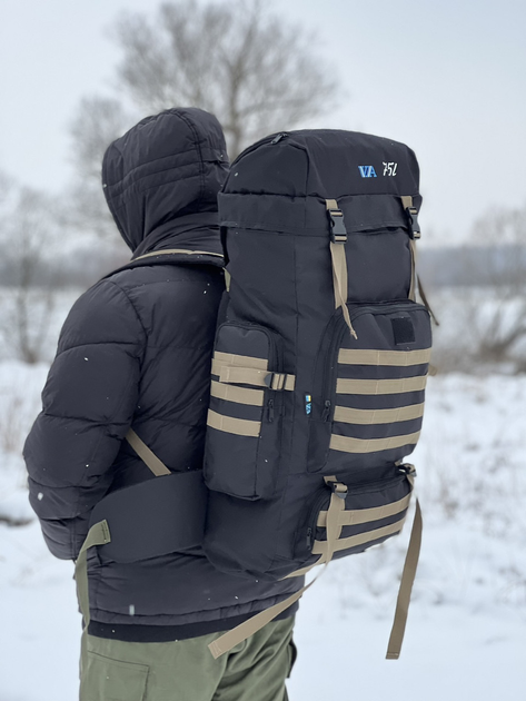 Универсальный рюкзак тактический 75 литров, военный водоотталкивающий рюкзак из плотной тактической ткани черный с полосами - изображение 2