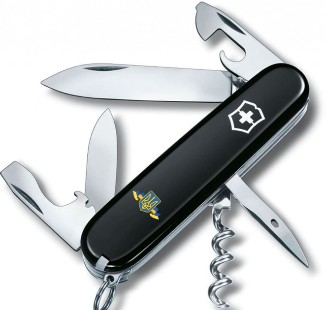 Складной швейцарский нож Victorinox SPARTAN ARMY (Vx13603.3_T1010u) 12 функций 91 мм черный емблема Герб Украины с лентой - изображение 1