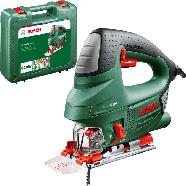 Лобзик електричний Bosch PST 900 PEL 620 Вт, підсвічування робочої зони, маятниковий хід, регулювання швидкості, відсік для пілотів + 1 полотно T 144 D, Cut control, чемодан (06033A0220) - зображення 2