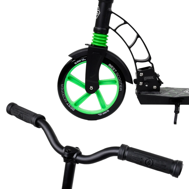Самокат двоколісний з великими колесами та амортизатором Best Scooter Чорний із зеленим - Фото 2 Самокат двоколісний з великими колесами та амортизатором Best Scooter Чорний із зеленим - зображення 2