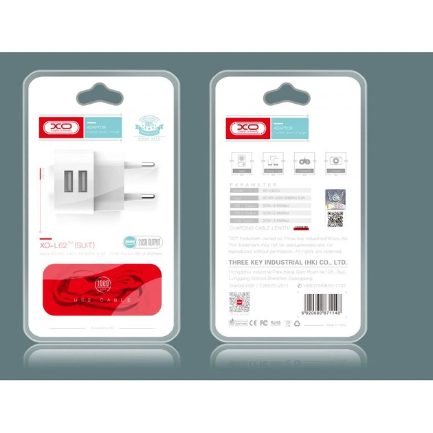 Сетевое зарядное устройство (адаптер) 2в1 XO L62 2USB / 2.4A + Type-C white - изображение 4