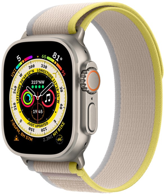 Smartwatch Apple Watch Ultra GPS + Cellular 49mm Titanium Case with Yellow/Beige Trail Loop - M/L (MQFU3) - obraz 2