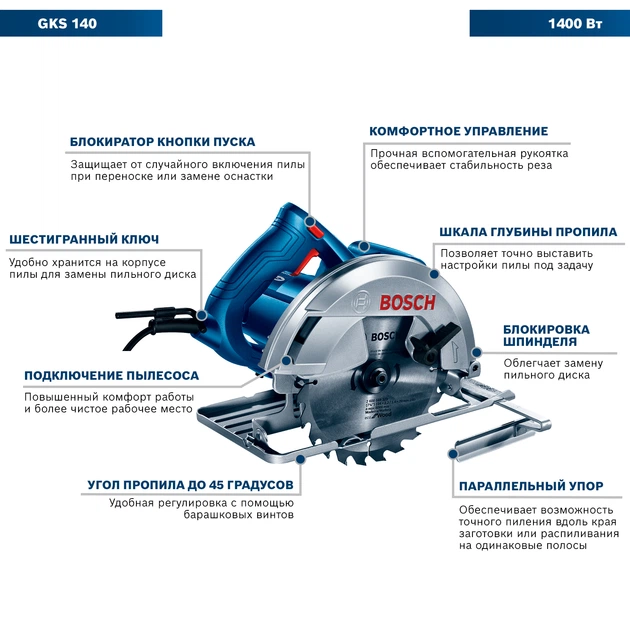 Циркулярна пила Bosch Professional GKS 140 1.4 квт 180-184мм діаметр диска 20мм посад. діам.+ диск Eco for Wood паралельний упор, ключ (06016B3020) - зображення 4
