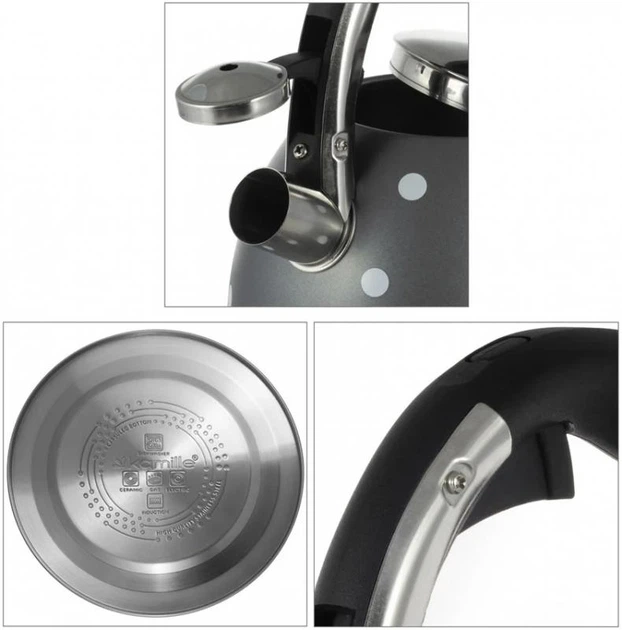 Чайник Kamille Whistling Kettle Grey 2.5л из нержавеющей стали со свистком (серый в горох) KM-1099-GR - Фото 3 Чайник Kamille Whistling Kettle Grey 2.5л из нержавеющей стали со свистком (серый в горох) KM-1099-GR - зображення 3