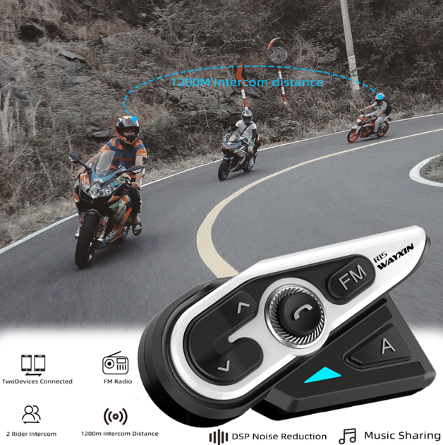 Мотогарнитура Bluetooth на шлем, ПАРА, интерком 1200 м Wayxin R15 - изображение 6