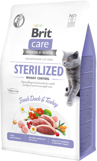 Sucha karma dla kotów sterylizowanych i z nadwagą BRIT Care Sterilized Weight Control z kaczką i indykiem 400 g (8595602540808) - obraz 1