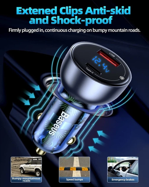 Автомобильное зарядное устройство Baseus Dual Quick Charger 65W USB + Type-C (VCKX65C) - изображение 8