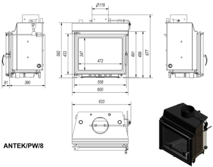 Каминная топка Kratki Antek PW/8/W с водяным контуром - изображение 3