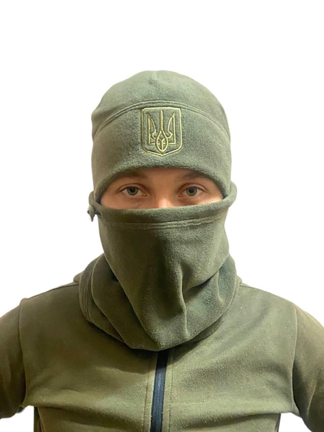 Комплект баф + шапка тактичні зимові на флісі 58-61 з гербом України Хакі - зображення 1