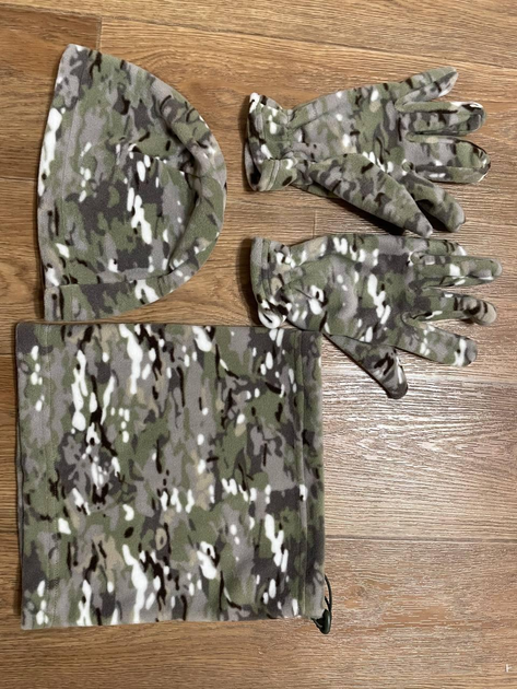 Комплект 3в1: Шапка, баф, перчатки на флисе армейские Камуфляж - изображение 2