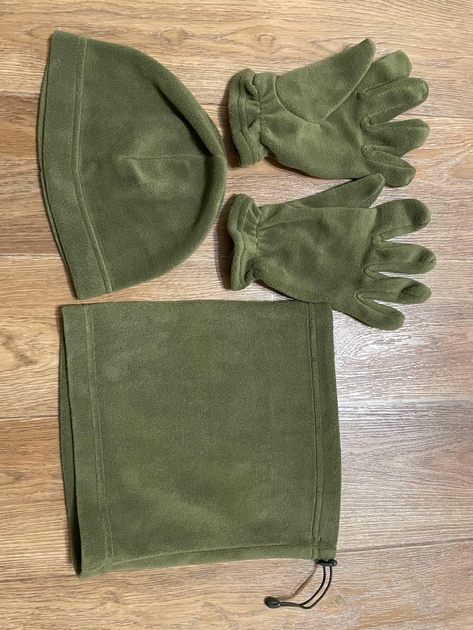 Комплект 3в1: Шапка, баф, рукавички на флісі армійські Олива - зображення 2