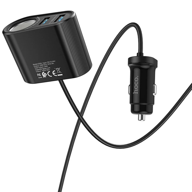 Автомобильный адаптер Hoco Z35A, 2.4 А, LED индикатор, 1.2 м, 3 х USB, Черный - Фото 5 Автомобильный адаптер Hoco Z35A, 2.4 А, LED индикатор, 1.2 м, 3 х USB, Черный - изображение 5