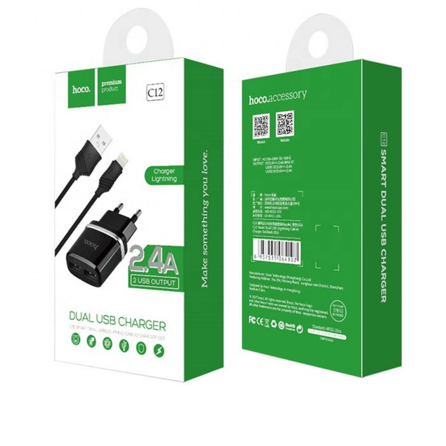 СЗУ Hoco C12 Smart dual USB charger set with Lightning cable(EU) 2USB 2.4A Black - Фото 2 СЗУ Hoco C12 Smart dual USB charger set with Lightning cable(EU) 2USB 2.4A Black - изображение 2
