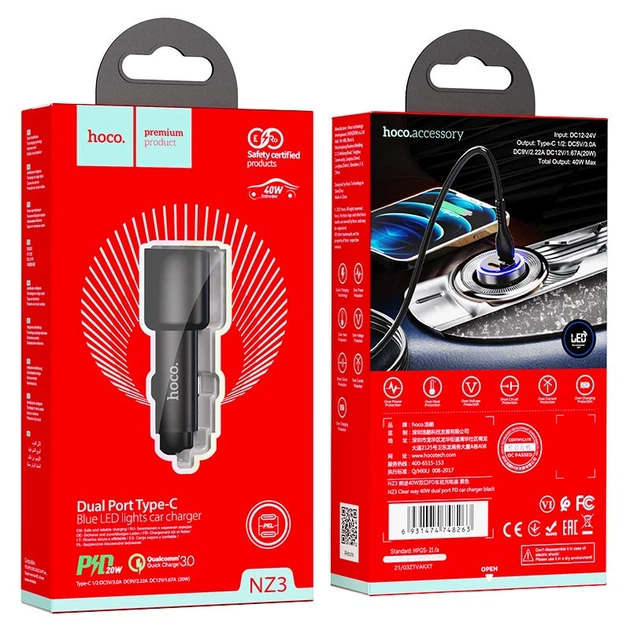 Автомобільний зарядний пристрій Hoco NZ3 Clear way dual port PD Car charger 40W Black - зображення 8