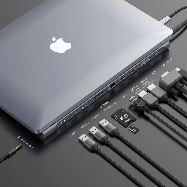 USB-хаб Baseus Enjoyment Series Type-C Notebook (PD/HDMI*2/VGA/RJ45/SD/TF/USB*3/Adapter) Dark Gray - изображение 2