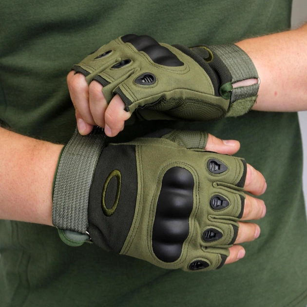 Чоловічі рукавиці без пальців тактичні, рукавиці тактичні олива стрілецькі, Тактичні рукавички для самооборони Олива (L) - зображення 1