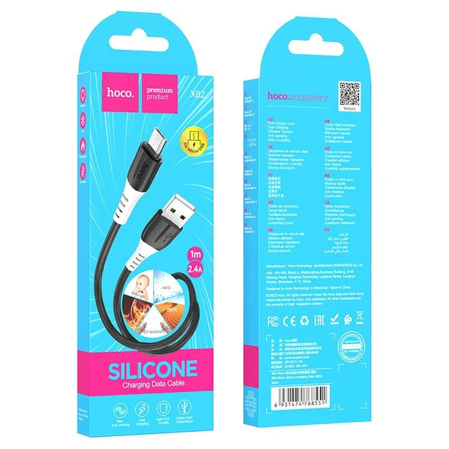 Кабель HOCO X82 USB to Micro 2.4A, 1m, silicone, silicone connectors, Black - Фото 2 Кабель HOCO X82 USB to Micro 2.4A, 1m, silicone, silicone connectors, Black - изображение 2